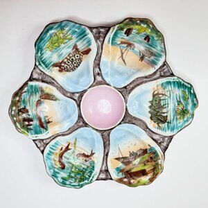 Antique Oyster Plate Hand Painted Boat Coral Seascape 6 Well Raised Shell A658